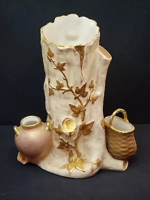 Buy Antique Willets Mark #1 Belleek Tree Trunk, Honey Pot & Basket Vase W/ Gold Trim • 194.18£
