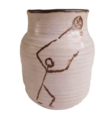 Buy Ceramic Pit Fired Pottery Marked Vase 5  Primitive Pattern Men With Rackets • 19.92£