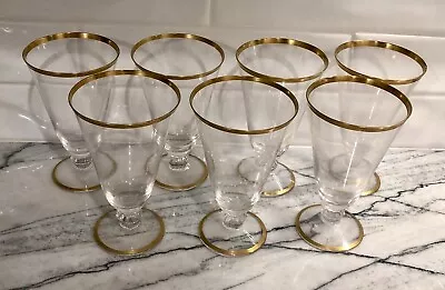 Buy Mid-Century Antique Gold Trim Crystal Glass Footed Ice Tea Glasses Set Of 7 • 139.19£