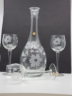 Buy VINTAGE WINE DECANTER W/ LID 3 Small Port Wine Glasses  ETCHED FLORAL DESIGN • 33.46£