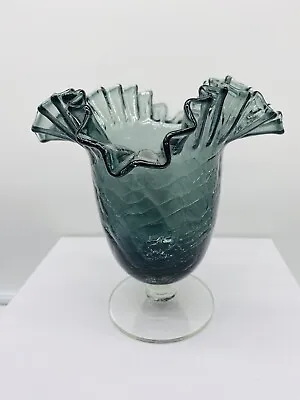 Buy Vintage 1955 7-1/2  Blenko Charcoal Crackle Glass Crimped Top Pedestal Vase #388 • 82£