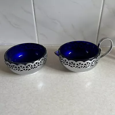 Buy Antique Cobalt Blue Glass Celtic Quality Plate Sugar Bowl & Milk Jug Set • 5£
