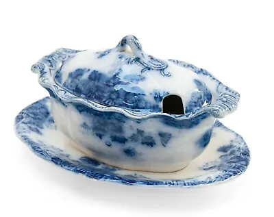 Buy Antique Flow Blue & White Staffordshire Pottery Sauce Tureen - Barkers & Kent • 14.99£
