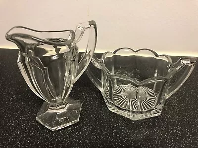 Buy Art Deco Trophy Handled Glass Milk Jug And Sugar Bowl Set • 9.99£