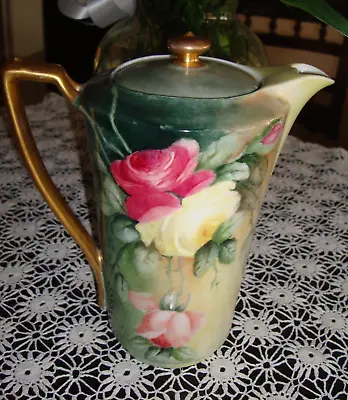 Buy Antique  Kpm Bavaria Germany Chocolate / Coffee / Tea Pot, Hand Painted Roses • 103.41£