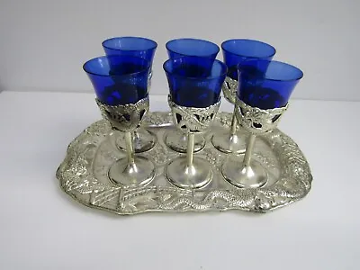 Buy Oriental Glass And Tray Set Cobalt Blue Glass & White Metal • 15£