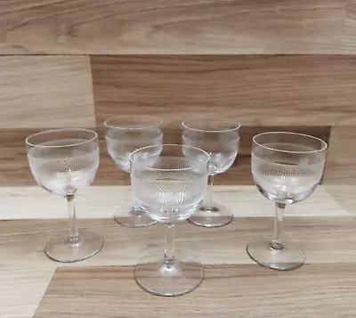 Buy 5 X Vintage Geometric Etched Pattern Stemmed Wine Glasses • 14.99£