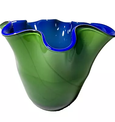 Buy Green And Blue Artisan-Crafted Hand-Blown Glass Vase Handkerchief Ruffled Edges • 24£