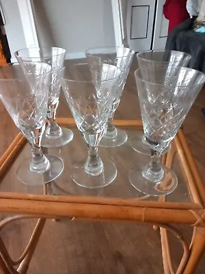 Buy Set Of 7 X Vintage  Cut Glass And Etched Wine Glasses Goblets • 30£