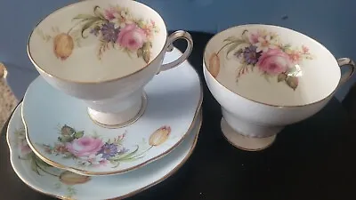 Buy Foley Eb Bone China Cups And Saucers X 2. Tulip Pattern.  Sky Blue • 24.99£
