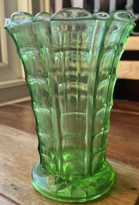 Buy Vintage Art Deco Style Geometric Green Pressed Glass Footed Vase 17cm H,13cm W • 18£