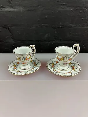 Buy 2 X Dresden Chocolate Cups And Saucers Bird Handles Floral Swags • 51£