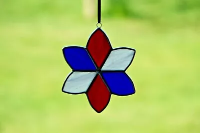 Buy Stained Glass Suncatcher/Window Hanger Red, White & Blue 6-Petal Flower Gift • 18£