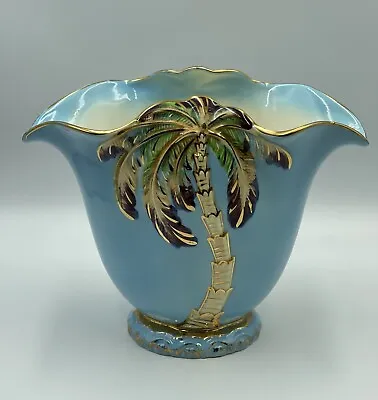 Buy Beswick Large Palm Tree Ceramic Vase 21.5cm Turquoise Blue & Gold Vintage #1069 • 39.95£