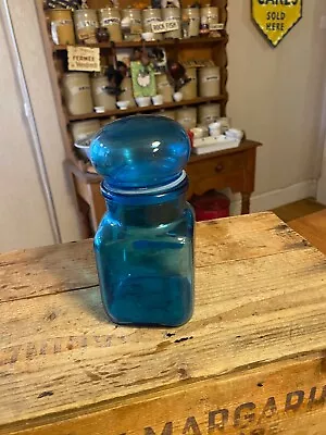 Buy Vintage Blue Glass Square Lidded Jar / Bottle – Great! – • 9.99£