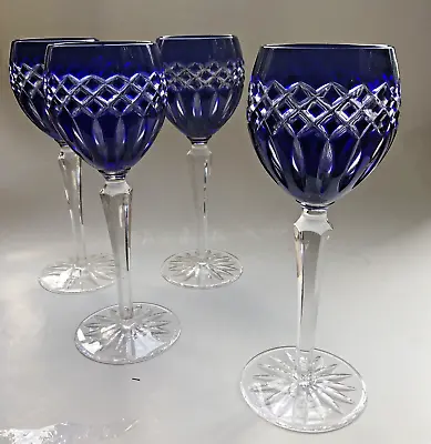 Buy Bohemian -4 SPARKELING TALL COBALT CUT TO CLEAR WINE GOBLETS~Stemware • 265.95£