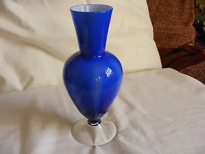 Buy Vintage Art Glass Bud Vase In Cased Blue & White With Clear Pedestal Base • 9.99£