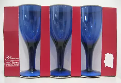 Buy Set 3x Boxed Vintage Cobalt Blue Hand Blown Wine Glasses 18cm -New/Unused In Box • 28£