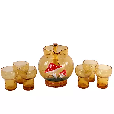 Buy Czech Glass Cordial Toadstool Set Pitcher Six Glasses Mid Century Amber Crackle • 250£