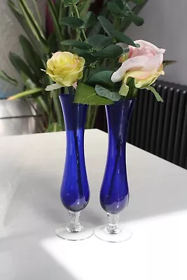 Buy Pair Cobalt Blue Glass Bud Vase Clear Glass Swirl Pedestal & Foot Luminarc • 10£