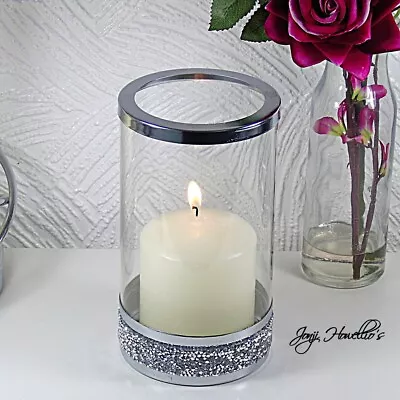 Buy Crushed Crystal Diamond Glass Candle Holder Silver Sparkling Hurricane Pillar • 12.90£
