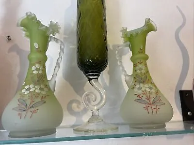 Buy Antique Victorian ? Vases/ Ewers Green Enamelled Satin Glass • 149.99£