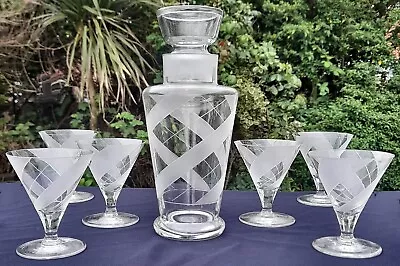 Buy 6 Czech Art Deco Cocktail Glasses & Decanter - Clear & Frosted Geo Design • 12.50£