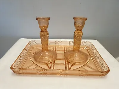 Buy Vintage Salmon  Pink Pressed Glass Dressing Table Tray With 2 Candle Holders • 20£