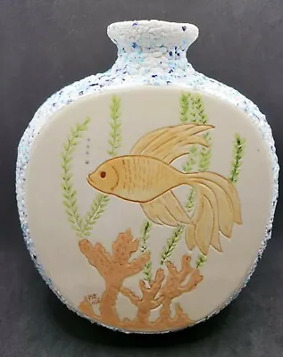 Buy Studio Pottery Vase Gold Fish Bowl Pebble Sides Handpainted Signed Pat Lang Vtg • 26.85£