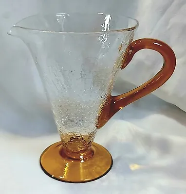 Buy Vintage Clear Crackle Art Glass Water Jug/Vase With Amber Handle & Base C1960's • 25£