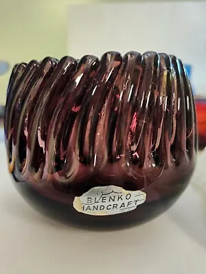 Buy Vintage Antique Blenko Blown Art Glass Ribbon Bowl In Amethyst 1950s • 96.47£