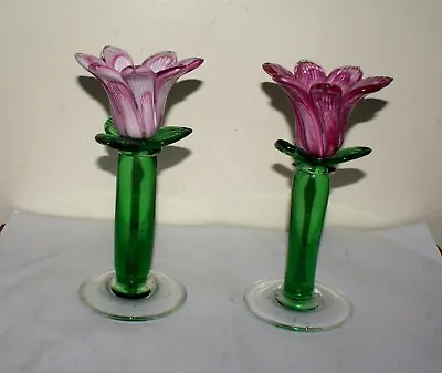 Buy Vintage Two Hand Blown Art Glass Tulip Candle Holders For Taper Candles • 25£