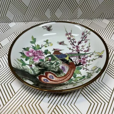 Buy Vintage Nora Fenton Bowl Hand Painted Peacock Bird Floral Butterfly Brass Cover • 28.81£