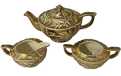 Buy 'Sadlers' Gold Lustre Teapot, Milk Jug, Sugar Bowl  Leaf Pattern -FREE POSTAGE • 17.95£