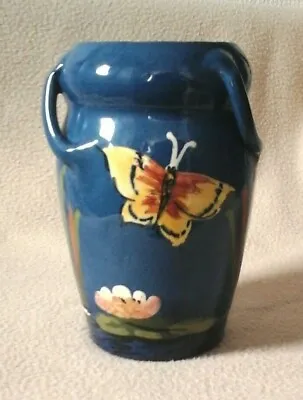 Buy Royal Torquay Pottery Blue Tri-handled Vase Butterfly Lily Pad  6 Inch High ,, • 34£