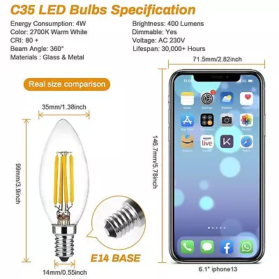 Buy Dimmable E14 LED Candle Bulbs 4W 40W Filament Lights Edison Screw Vintage Bulbs • 10.79£