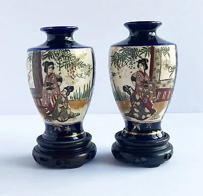 Buy Antique Pair Of Hand Painted & Gilt 5  Japanese Satsuma Vases On Stands C1900 • 20£