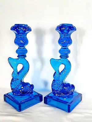 Buy Pair IMPERIAL MMA Colbalt Blue Glass Fish Koi Serpent Candlestick Holders • 151.82£