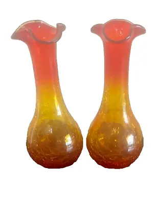 Buy Pair Of AMBERINA RED ORANGE CRACKLE GLASS VINTAGE BUD VASES 7 1/2  TALL • 18.22£
