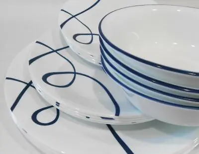 Buy ❤️ NEW 16-pc Corelle LIA DINNERWARE SET / Plates Bowls Cobalt Blue Curly Swirls • 93.88£