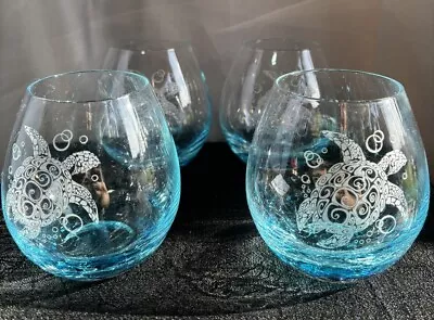 Buy 4-Sea Turtle Stemless Wine Glasses Crackle Glass Turquoise.See Pictures • 47.43£