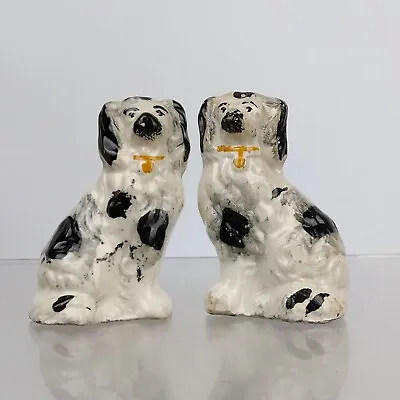 Buy Pair Antique 19c Victorian Staffordshire Pottery Small Spaniel Dogs Black &White • 44.95£