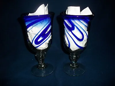 Buy Cobalt Blue Spiral Hand Blown Goblet Parfait Ball Stem Glasses Glassware EUC  • 14.25£