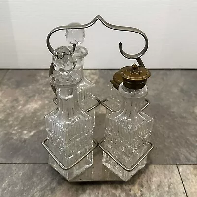 Buy Vintage Cut Glass 4 Piece Cruet Set With Tray Holder - Silver Plated • 17.99£