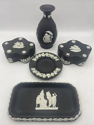 Buy 5 X Beautiful Pieces Of Black Wedgwood Jasperware Vase, Boxes, Long Tray • 24.99£