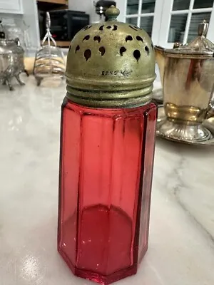Buy GORGEOUS ANTIQUE CRANBERRY CUT GLASS SUGAR SHAKER With Brass TOP • 90.13£
