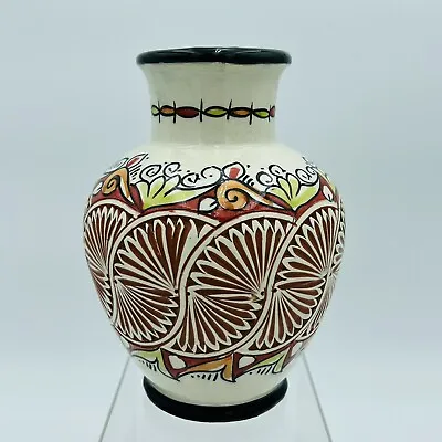 Buy Signed Saft Pottery Vase Orange Green 5 1/2  Wide X 7 1/2  Tall Etched Design • 44.29£