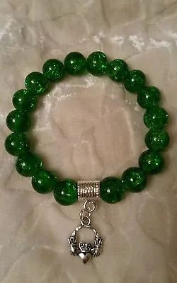Buy Claddagh Charm Green 10mm Crackle Glass Beaded Bracelet Irish Gift Bag Christmas • 4.50£