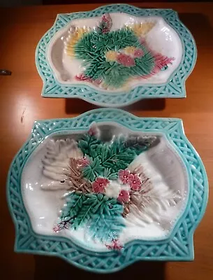 Buy Majolica Plates  Antique 2 Large Rare Pastels Colourful Floral 1880 30 X 24 (8) • 23.95£