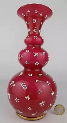 Buy French 19th Century Raspberry And Enamel Painted Art Glass Vase. • 60£